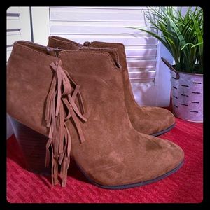 Carlos Santana suede fringe brown leather booties